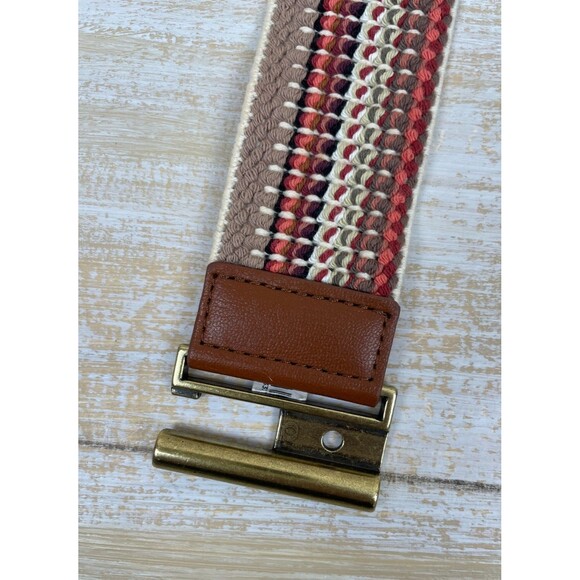 LOFT Boho Stretch Belt Brown Beige Red Stripe Elastic Band w/Faux Leather Trim - Picture 5 of 10